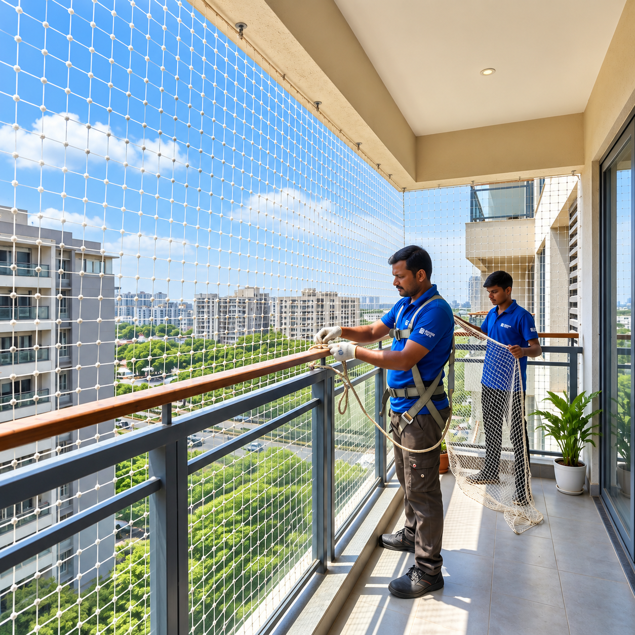 Child-safe apartment balcony with a secure safety net